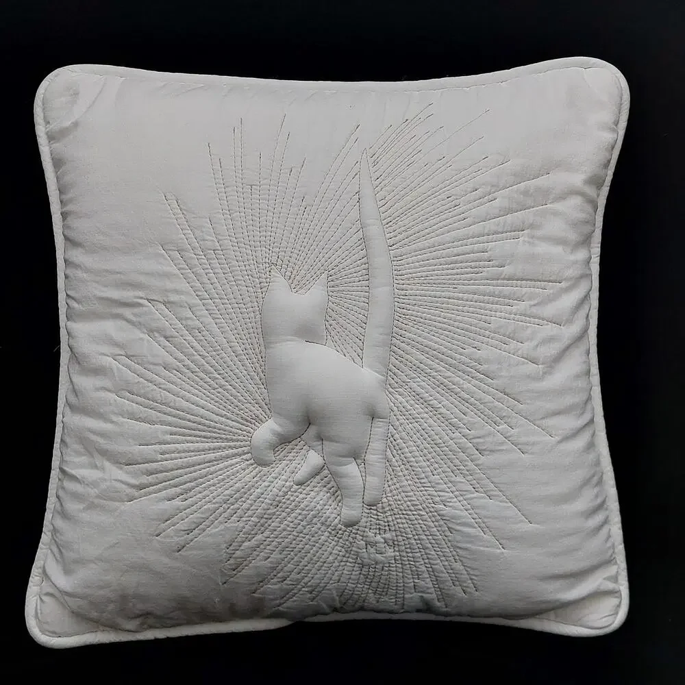 Vintage Embroidered Cat Pillow White Candlewicking Trapunto Sunburst 12x12